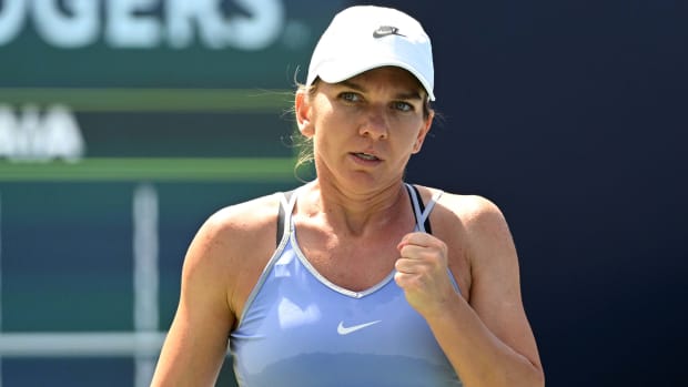 Simona Halep reacts to winning a point against Beatriz Haddad Maia in the women’s final of the National Bank Open.